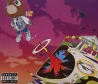 A cartoon character resembling Kanye West is depicted in a surreal, cosmic scene, with a spaceship-like object and a building in the background.
