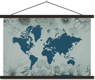 Produktbild von MuchoWow® Textilposter Weltkarte - Grau - Blau 90x60 cm mit schwarzem Rahmen - Aufhängungssatz