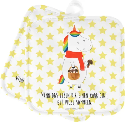 Produktbild von Mr. & Mrs. Panda Topflappen Einhorn Pilz - Weiß - Geschenk, Topfuntersetzer, Unicorn, topfhalter, Topflappenset, Pilze, Spruch, Set, Einhörner, Liebeskummer, Motivation