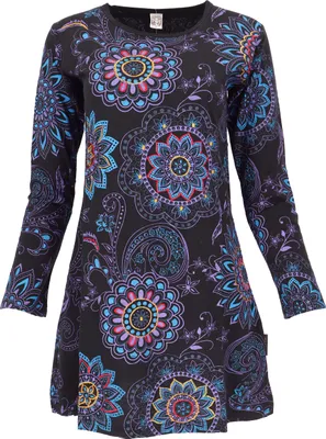 Produktbild von Besticktes Boho Chic Minikleid, Tunika mit Farbenfrohen Blüten - Schwarz/flieder, Damen, Baumwolle, Größe: M