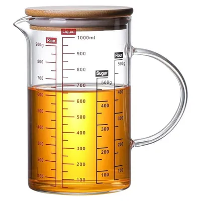 Produktbild von 1l Glasbehälter, Messbecher aus Glas,Glaskrug mit Bambusdeckel,hitzebeständig,Mikrowellengeeignet, Perfekt zum Backen, Kochen und Mischen