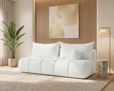 Zdjęcie produktu dla BESILIO Mała sofa rozkładana 207 cm Glomi - Sofa z funkcją spania i pojemnikiem na pościel, Tkanina barnakowa boucle - Biały & Quelle 01