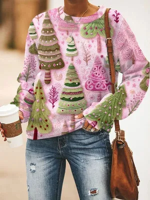 Produktbild von ASKSA Damen Weihnachtspullover Lustig 3D Drucken Weihnachten Sweatshirt Langarm Print Rundhals Niedlich Kapuzenpullover Weihnachtspulli Damen Xmas Pullover,A Dunkelrosa,L