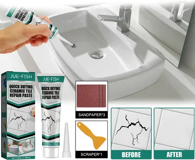 Produktbild von Fliesen Reparatur Set 100 ml Reparaturpaste mit Schleifpapier und Schaber Möbel-Marmor-Keramikkleber für Kratzern, Löchern, Rissen