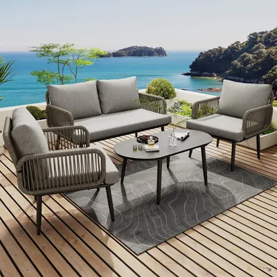 Produktbild von Odikalo Gartenlounge-Set Gartenmöbel 2-Sitzer-Sofa Geflecht Sessel Couchtisch Stahl Stühle Grau