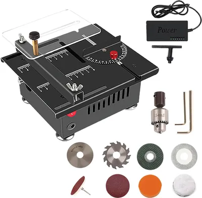 Image de Mini scie circulaire sur table - EU-100W - Puissance 100 W - CC 24 V - Vitesse de rotation 5000 tr/min - Lame de scie 63 mm - Profondeur de coupe 16 mm - Dimensions 18×14×8 cm - Marron