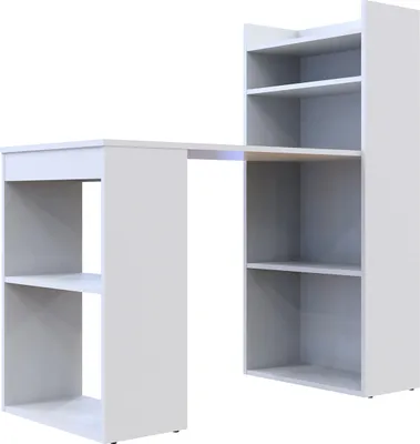 A white desk with an attached shelving unit, shown against a white background.