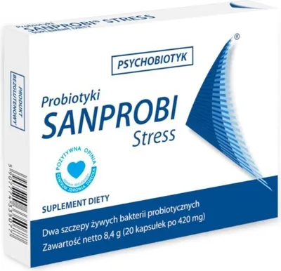 A product box for SANPROBI STRESS probiotics.