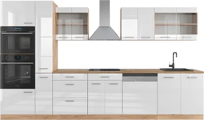 Obrázek produktu pro Kuchyňský kout Vicco R-Line Bílý vysoký lesk/zlatý dub power 350 cm s vysokou skříní, bez pracovní desky, Model 37661
