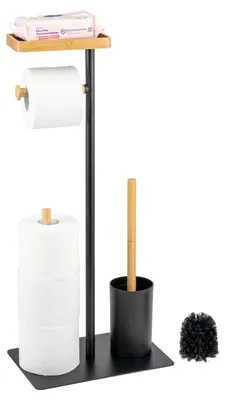 Produktbild von eluno Stand-WC-Garnitur 4in1, WC-Bürste, (Ersatz-)Rollenhalter, Ablage, Bambus/Metall schwarz