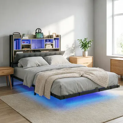 Produktbild von Doppelbett Bettgestell 140 x 200 cm mit LED-Beleuchtung, USB-Ladestation, Schwebebett mit gepolstertem Kopfteil, Stauraum