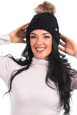 Produktbild von Gestrickte Damen-Wintermütze mit großem Kunstfellbommel HEYO Damen Strickmütze Bommelmütze Schwarz