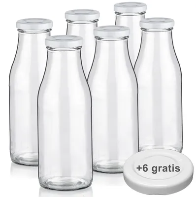 Produktbild von Milchflaschen 0,5L Smoothie Saft Flaschen 500ml leere Glasflaschen Deckel BPA frei, 6 Milchflaschen mit 12 Deckeln