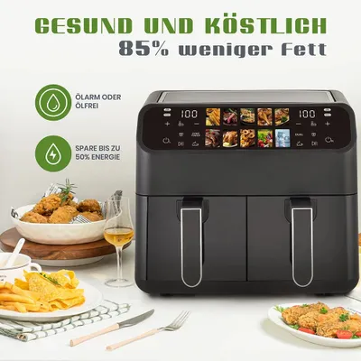 Image de Friteuse à air chaud - Double panier de 9 litres - Sans huile - 10 programmes de cuisson - Écran LED - Contrôle tactile - 220–240 V