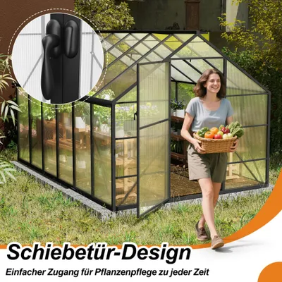 Obrázek produktu pro LARS360 Hliníkový skleník 380x250x205cm, 9,5m² Walk-in zahradní skleník se zesíleným základem, střešním oknem, dveřmi, odolný proti povětrnostním vlivům a teplotám pro zeleninu, rostliny a rajčata