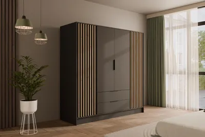 Produktbild von ALTDECOR Kleiderschrank mit selbstschließenden, Lamellentüren, Lamellen, Flügeltüren - NELIA - 200 cm Graphit