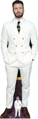 A cardboard cutout of Chris Evans in a white suit.