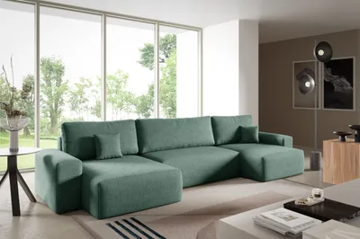 Produktbild von Ecksofas in U-Form ANTONIO CENTAUR 398x148cm, Wohnlandschaft mit Schlaffunktion & Bettkästen, Eckarniutur / Couch in Bouclé-Stoff Grün