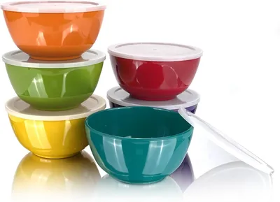 Produktbild von Set aus 6 mehrfarbigen Melamin-Salatschüsseln mit 28oz, runde Suppenschüsseln mit 6 inch, 100% Melamin-Geschirr für Abendessen oder Picknick, bruchbeständig und BPA-frei, mit Deckeln