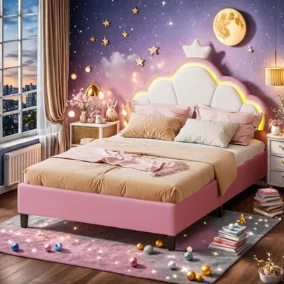 Produktbild von Gepolstertes Prinzessinnenbett 90x200cm mit verstellbarem Kopfteil und RGB LED-Beleuchtung, Höhenverstellbar mit USB-Steckdosen, Tragkraft 160kg, Rosa