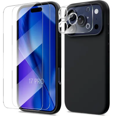 Image de Coque pour iPhone 17 Pro, Protection Silicone Liquide Souple Slim Anti-Rayures Noir + 2 Verres Trempés + Protection Caméra