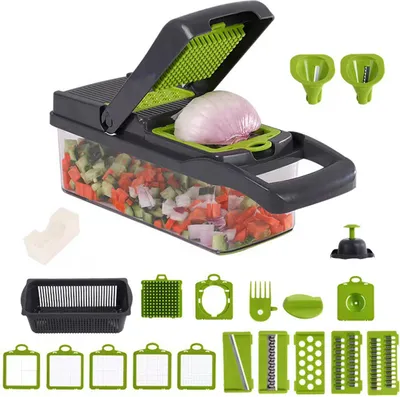 Obrázek produktu pro kráječ zeleniny 22 v 1 s nádobou a víkem, ruční kráječ zeleniny, samočisticí mini sekáček, kuchyňský robot na cibuli a česnek, multifunkční kráječ s oddělovačem bílku, ochranný kryt na ruce