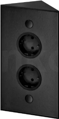 A black corner electrical outlet with two sockets.