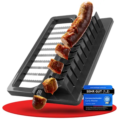 A black currywurst slicer with sliced currywurst pieces falling out, against a white and red background.