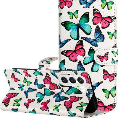 Produktbild von CLM-Tech Hülle kompatibel mit Samsung Galaxy S23 - Tasche aus Kunstleder - Klapphülle mit Ständer und Kartenfächern, bunte Schmetterlinge