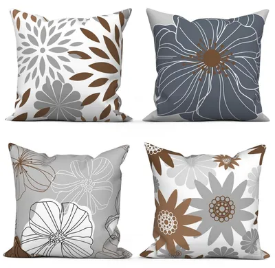 Obrázok produktu pre Poťahy na vankúše, 45x45 cm, sada 4 kusov, hnedé a sivé, geometrické motívy kvetín, polyester
