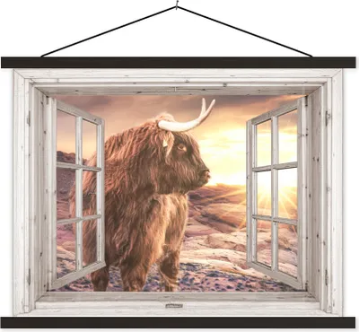 Produktbild von MuchoWow® Textilposter Schottische Hochlandrind - Landschaft - Ansicht 60x45 cm mit schwarzem Rahmen - Poster Schlafzimmer