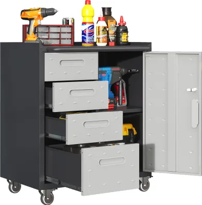 Image de Chariot d'atelier en métal noir/gris 75 x 42 x 88 cm - Armoire à outils mobile avec 4 tiroirs, 1 compartiment verrouillable et une étagère surélevée pour le garage
