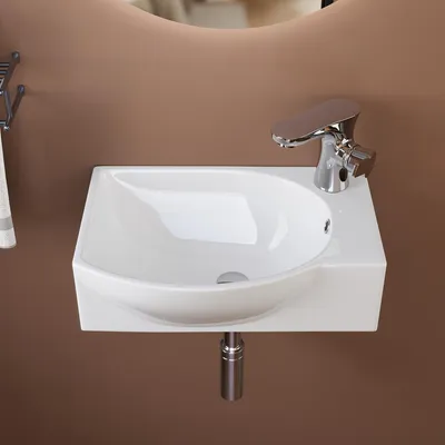 Produktbild von DeerValley Waschbecken klein Weiß – Mini Wandwaschbecken aus Keramik mit größerem Innenraum, Becken links & Armaturloch rechts, ideal für Gäste-WC