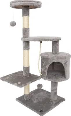 A multi-level cat tree with scratching posts, platforms, and a hideaway.