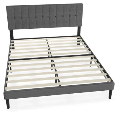 Produktbild von Bettgestell - Metallbett - Gästebett - Stahlbett - Bettgestell mit Leinen-Kopfteil - Dunkelgrau - 160x200 cm