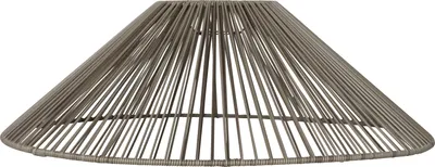A lampshade made of thin, vertical strands.