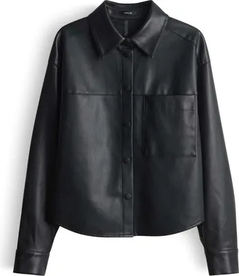 A black faux leather jacket for women, displayed flat against a white background.