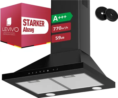 A black range hood is shown with marketing labels and accessories.