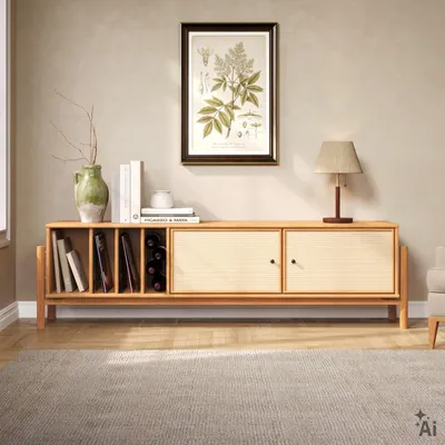 Produktbild von Lowboard MONA 170 cm Massivholz & Rattan, für TV bis 75 Zoll - Eiche Finish