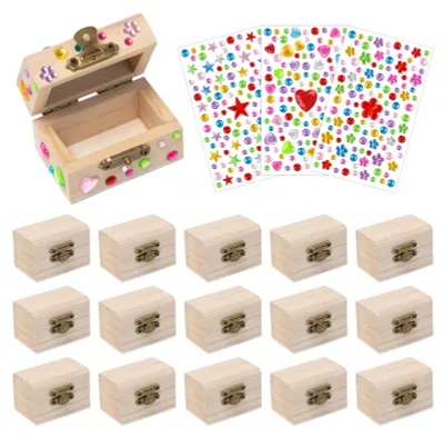 Productafbeelding van Schatkist Mini Houten Set - 16 Stuks - 6 x 3,5 x 3,5 cm - Opbergdoos met Deksel - Knutselen - Kinderschatkist - Inclusief Kleurrijke Strass-steentjes