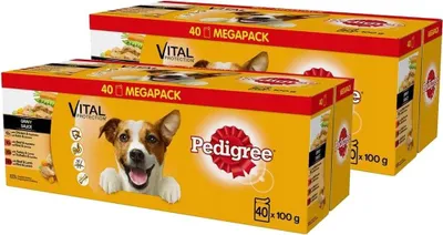 Two boxes of dog food stacked on top of each other.