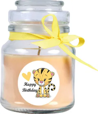 Zdjęcie produktu dla Świeczka zapachowa w słoiku "Happy Birthday", zapach: wanilia (żółta), 120g - pali się do 30 godzin
