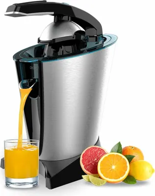 A modern electric citrus juicer is shown with fresh citrus fruits and a glass of juice.