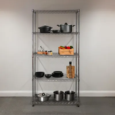 Image de Étagère métallique à 5 niveaux - Argent chromé - Capacité de charge : 1000 kg - Dimensions : 45 x 90 x 180 cm