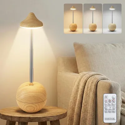 Produktbild von Nachttischlampe Touch Dimmbare 3 Farbtemperaturen Kabellose Aufladbare Einstellbar Nachtlicht Holzmaserung Tischleuchte mit Fernbedienung