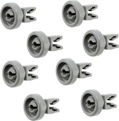 A set of eight identical gray dishwasher basket wheels, arranged in a grid against a white background.