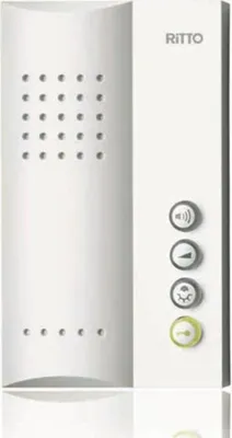 A white Ritto call button module for an intercom system, shown in a studio shot with a white background and reflection.