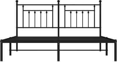 A black metal bed frame with a headboard is shown against a white background.