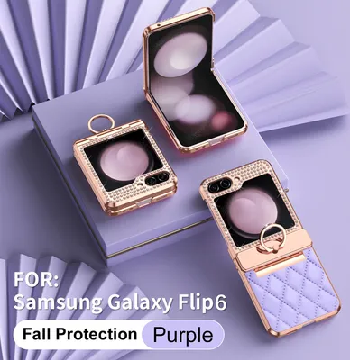 Immagine prodotto di Custodia in pelle per Samsung Galaxy Z Flip 6 / Z Flip 7 FE con supporto ad anello, custodia protettiva lucida con protezione della cerniera Viola