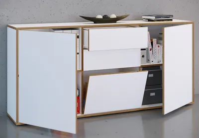 Produktbild von VCM Holz Kommode | Sideboard mit Drehtüren, Schubladen  und einer Klappe | Büromöbel | Maße ca. H. 74 x B. 160 x T. 33cm - Salia